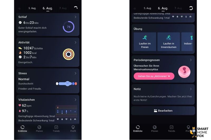 Das RingConn Gen 2 Air Vitaldaten, HRV und Zyklusveränderungen wird im Test in der App gezeigt.